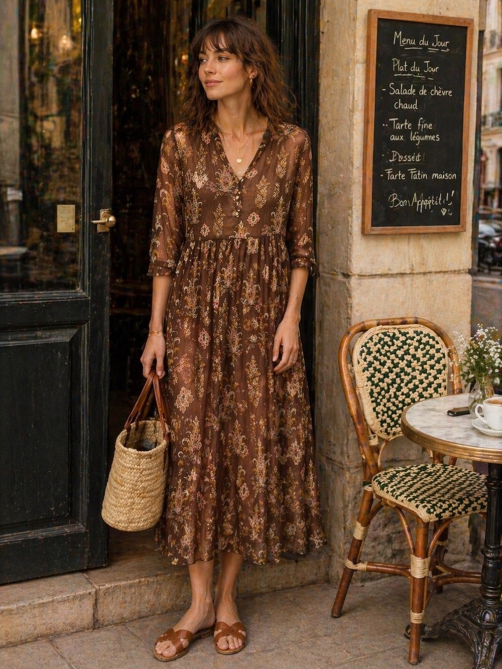 Maison 123 Sheer Maxi Dress Brown Boho Parisian Flowy Layering Dress Romantic